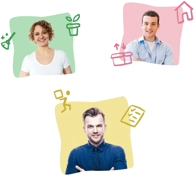 Three smiling people in colorful abstract backgrounds representing Helpicon services